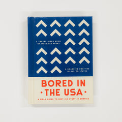 Book titled 'Bored in the USA' with blue and beige cover on a white background
