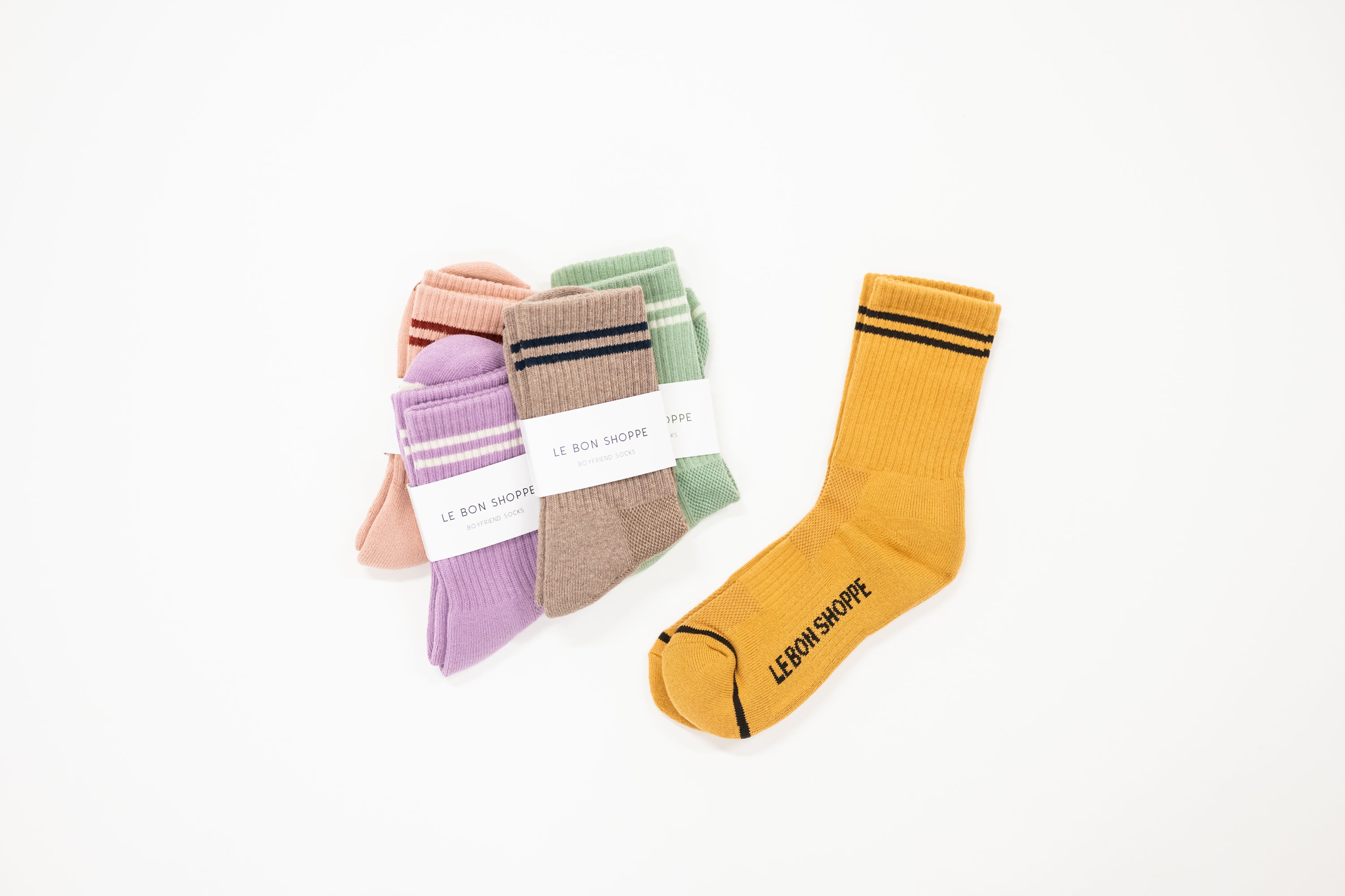 assortment of colors for boyfriend style socks by le bon shoppe