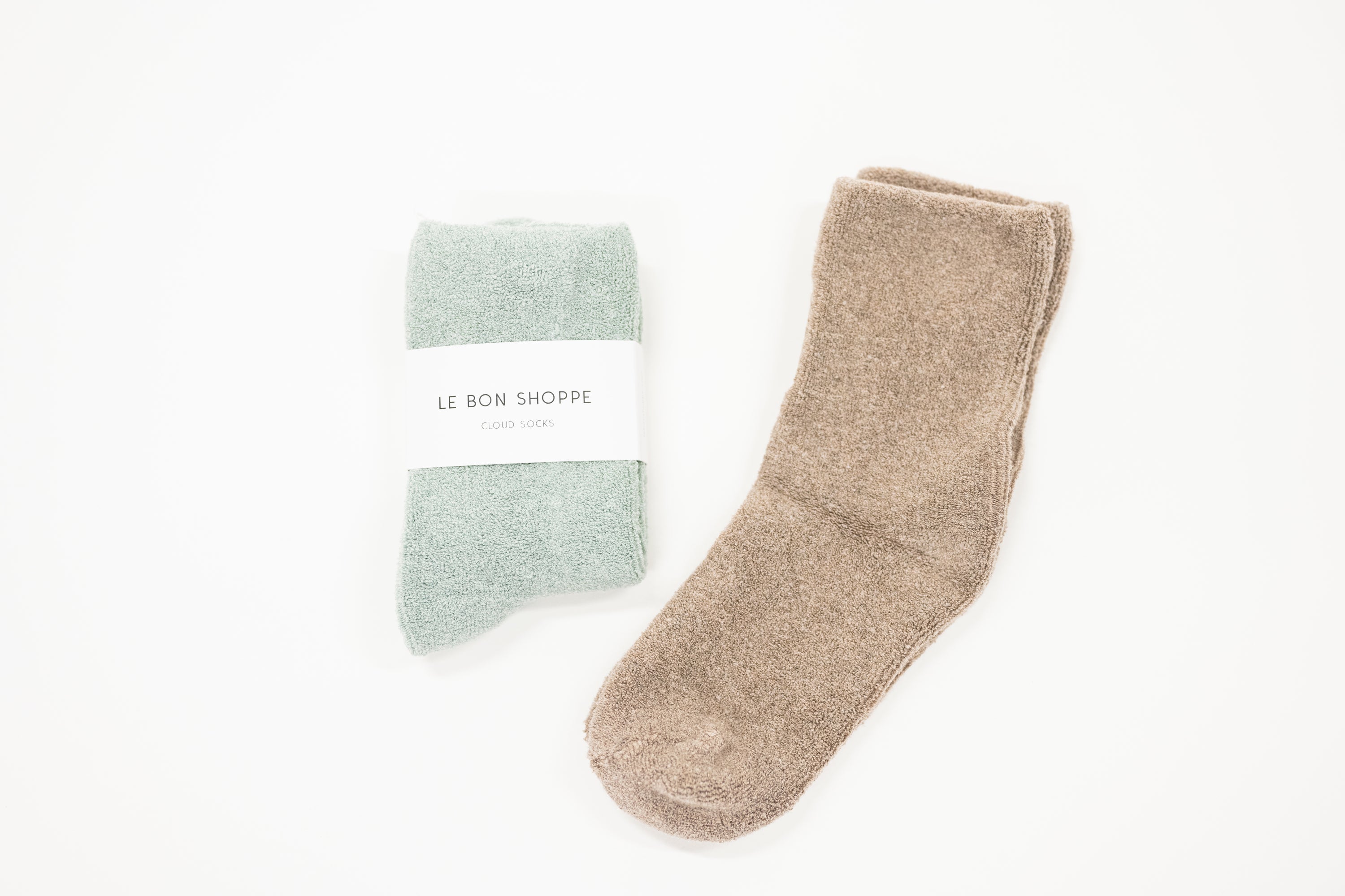 two pairs of soft cloud socks from the brand le bon shoppe.