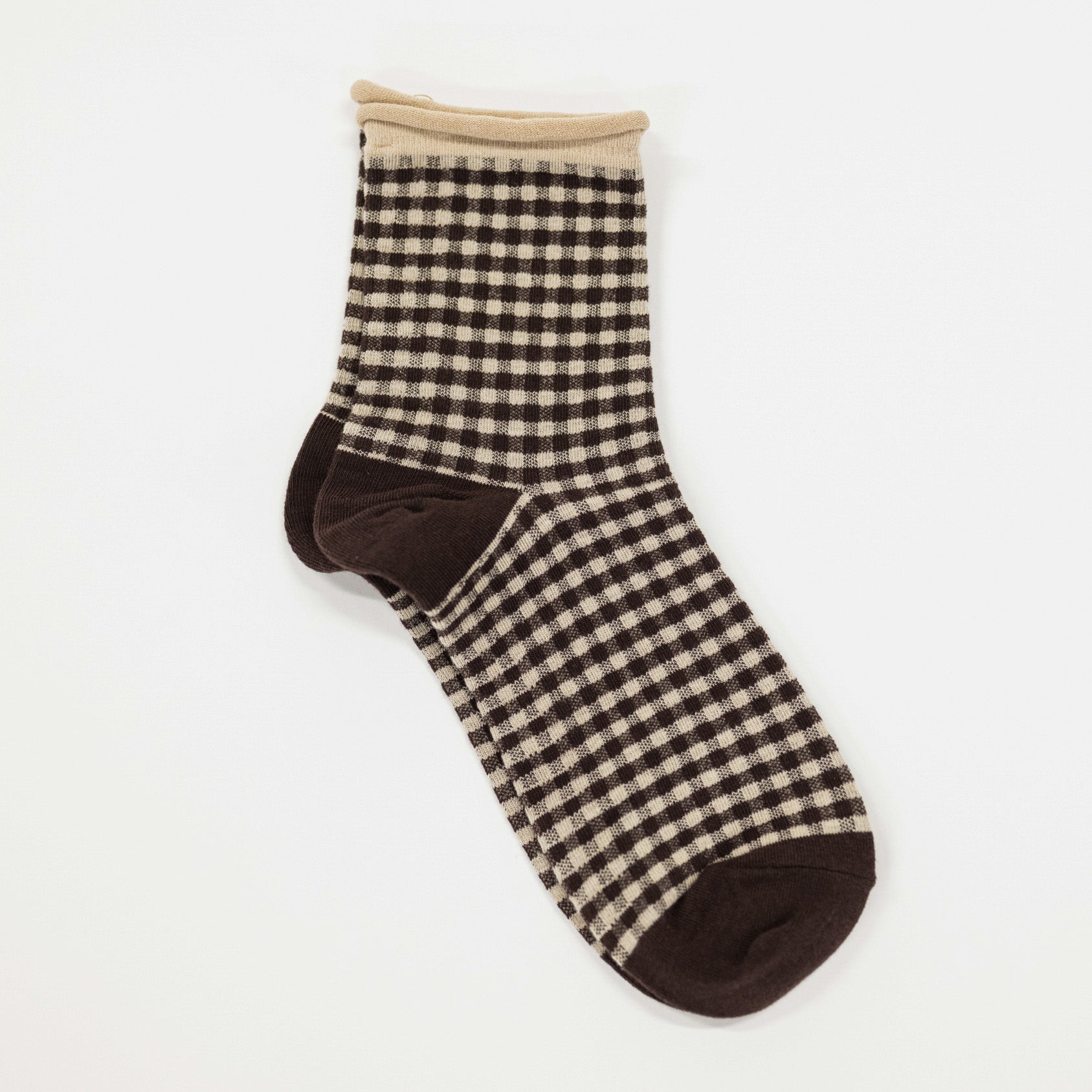 brown and oatmeal classic mini check cottage socks in a vintage design, perfect for casual and business casual wear. Comfortable cotton blend, machine washable.
