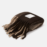 A folded knit scarf with fringe, featuring a color-blocked design in dark brown, medium brown, and beige. A white rectangular label with the brand name 'ANTHONY' is stitched onto the side.