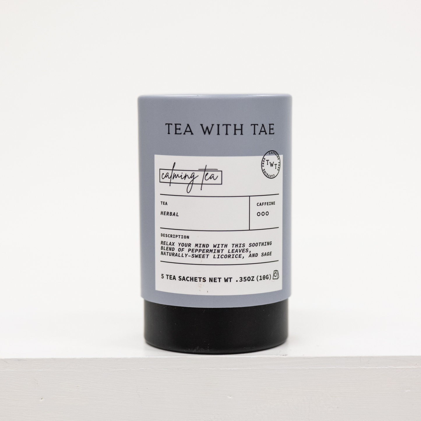 calming herbal tea blend in cardboard container with five tea bags