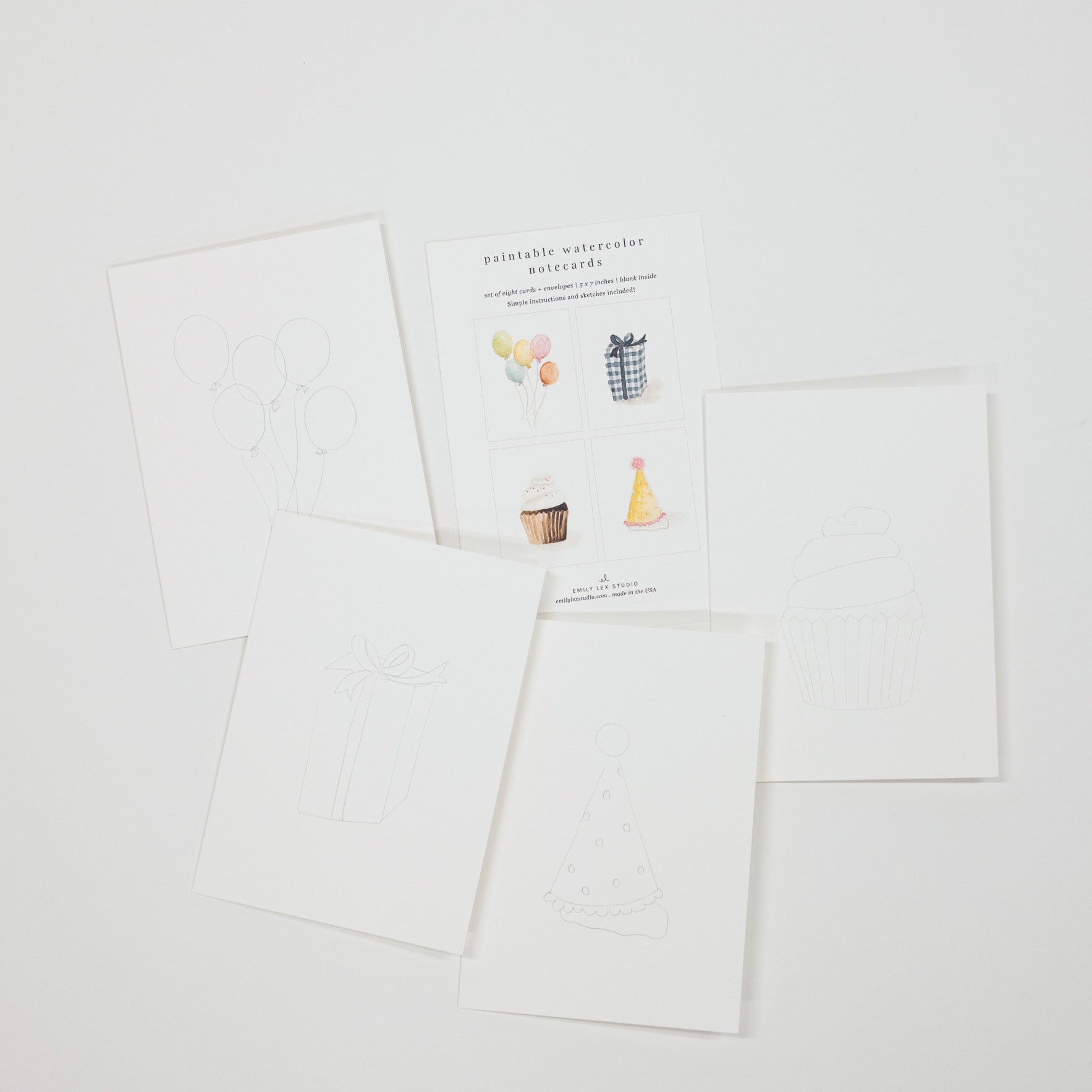 A set of white printable or watercolor birthday cards with simple line drawings and small illustrated accents, arranged on a light gray background. One card shows balloons, another a gift, another a cupcake, and another a party hat.