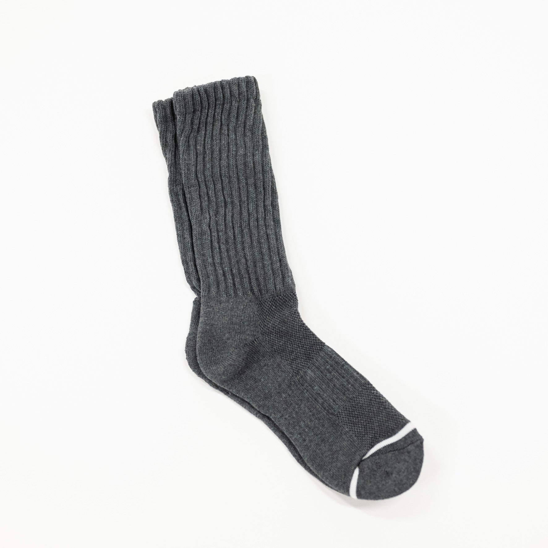 A grey crew sock with a red and white 'obey' logo patch on the cuff, displayed against a solid white background.
