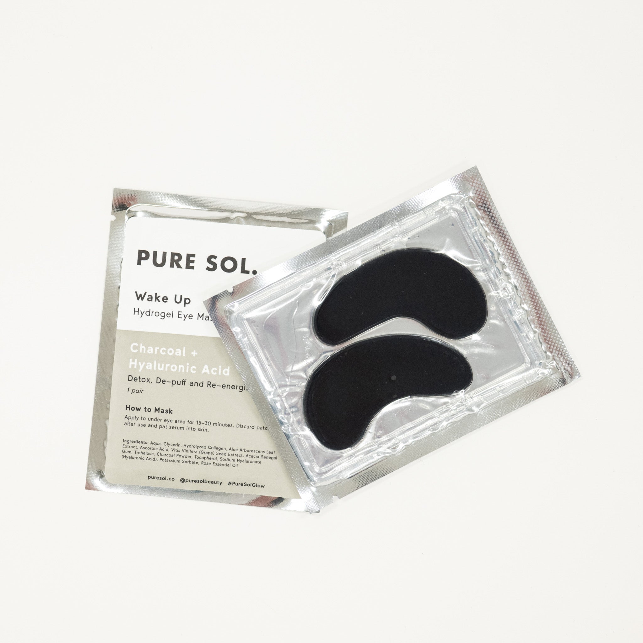Pure Sol hydrogel eye masks with packaging on a white background