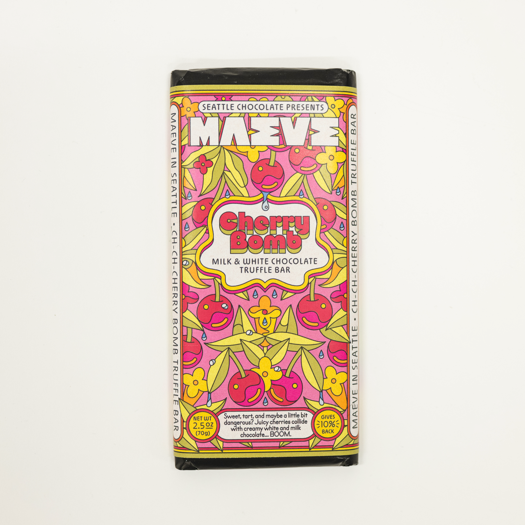 Cherry Bomb chocolate truffle bar packaging with colorful design on a white background