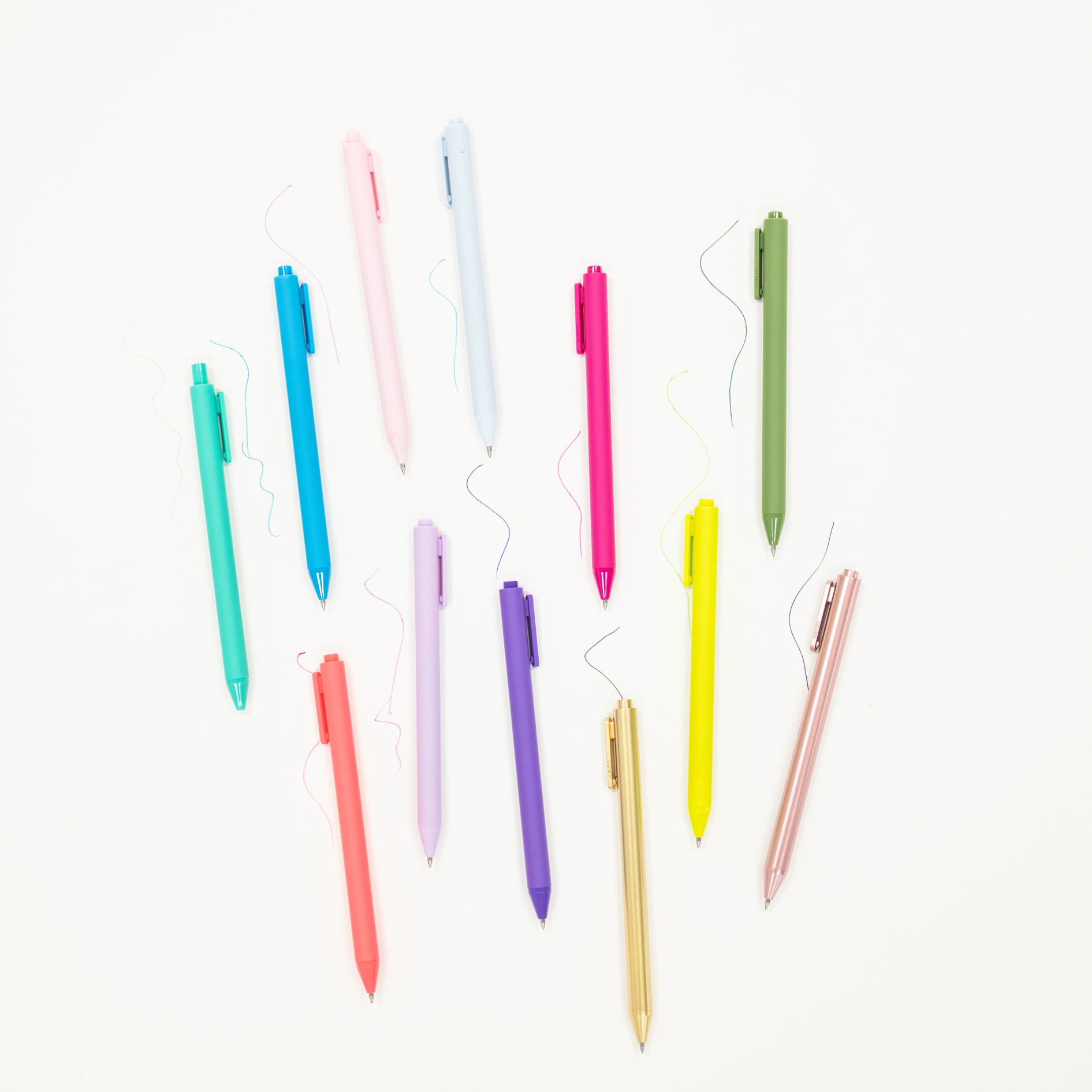 Assorted colorful gel pens on a white background