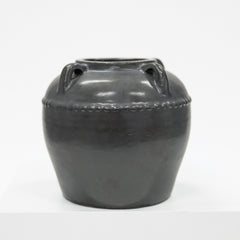 Black ceramic vase with handles on a white background
