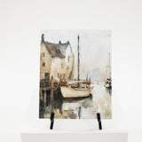 Art print of a harbor scene with a boat and buildings on a white background