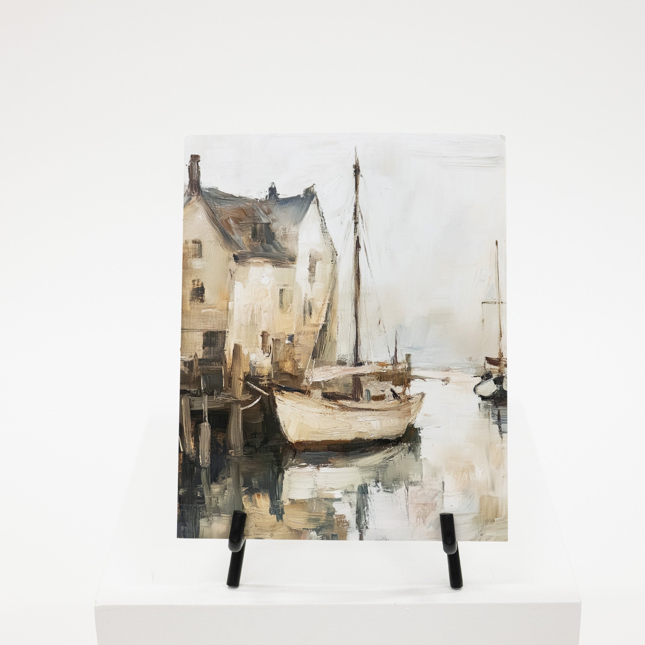 Art print of a harbor scene with a boat and buildings on a white background