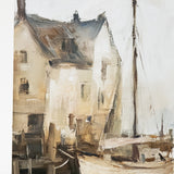 Painting of a sailboat docked in front of a house with a soft, pastel color palette.