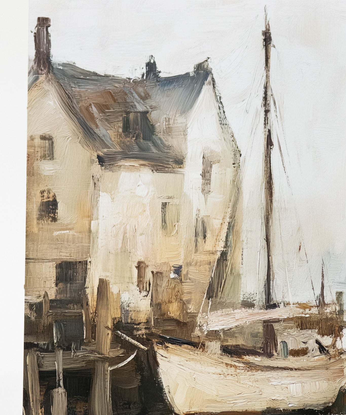 Painting of a sailboat docked in front of a house with a soft, pastel color palette.