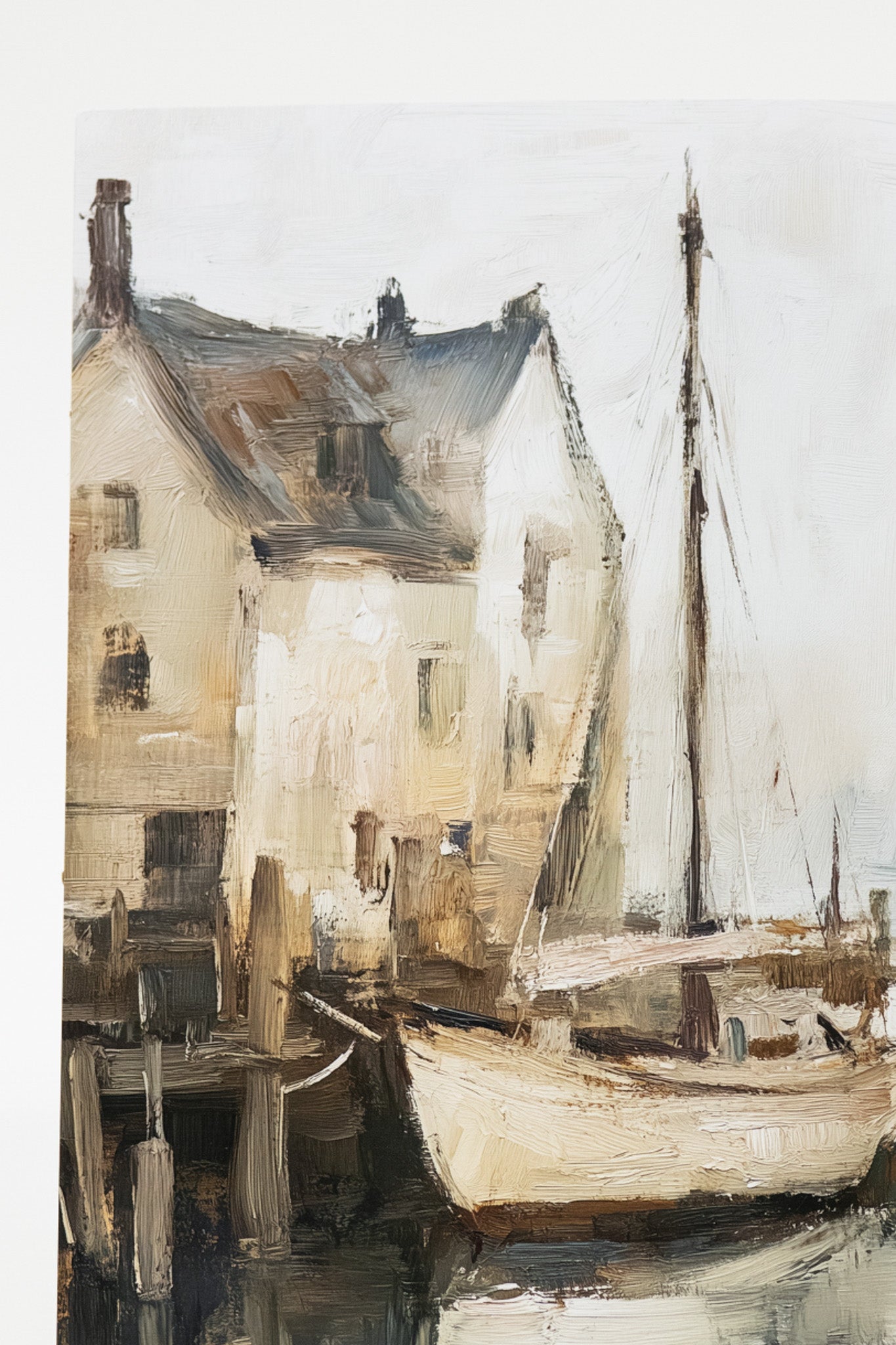 Painting of a sailboat docked in front of a house with a soft, pastel color palette.
