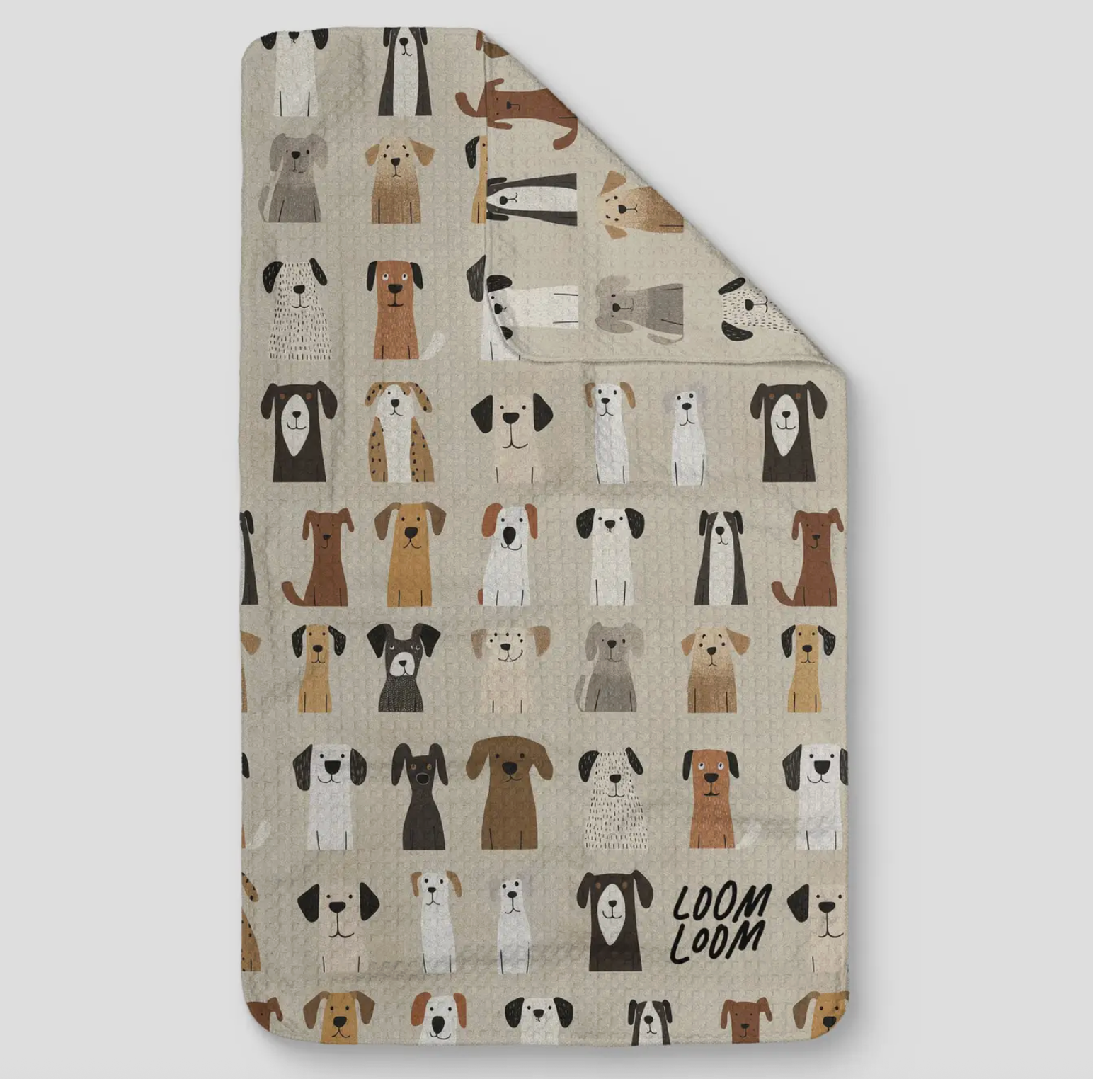 beige microfiber kitchen towel with pattern of dog faces