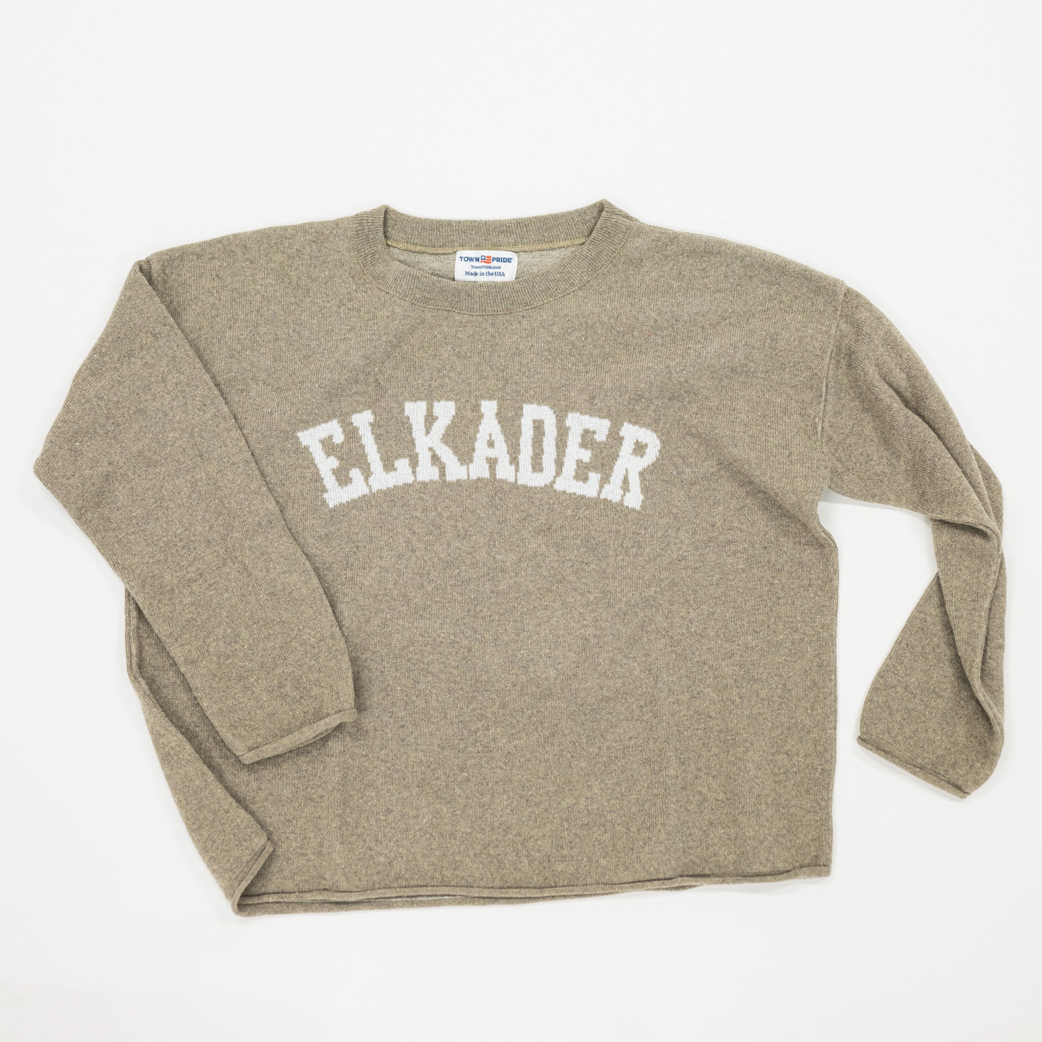 Taupe sweatshirt with 'ELKADER' text on a white background