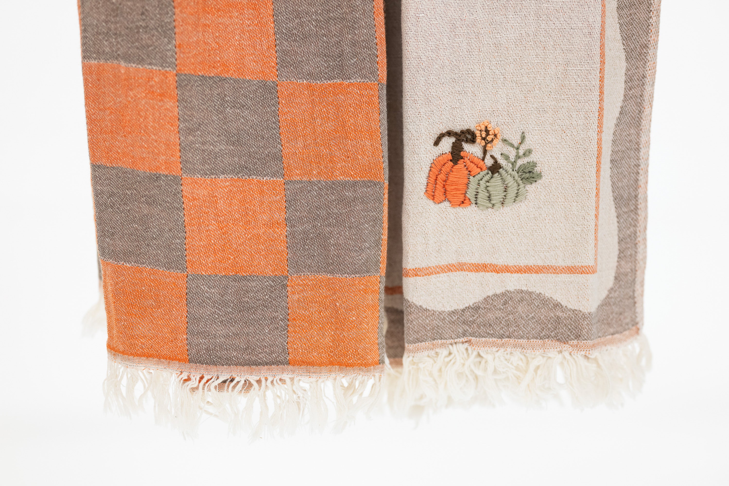 set of taupe and orange kitchen towels from turkish cotton with white fringe