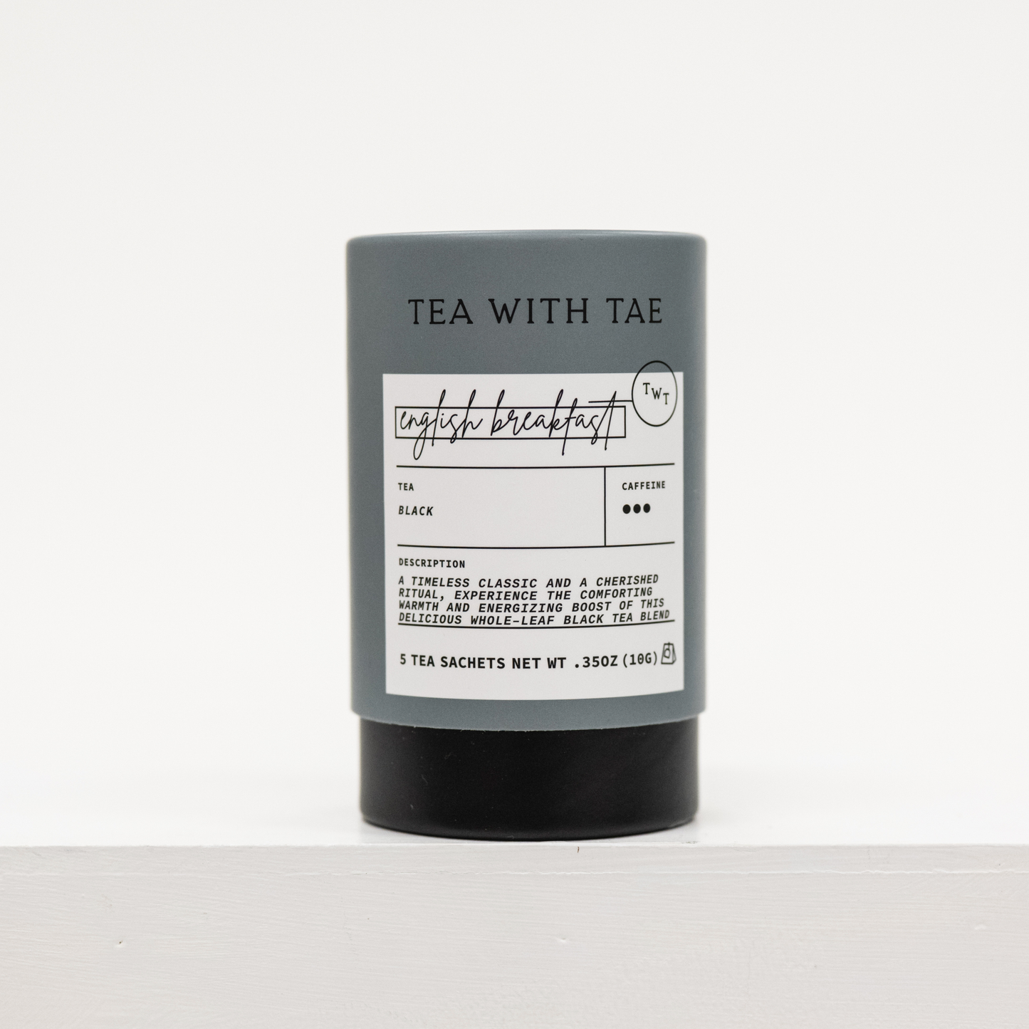 english breakfast herbal tea bags in cardboard container with five tea bags