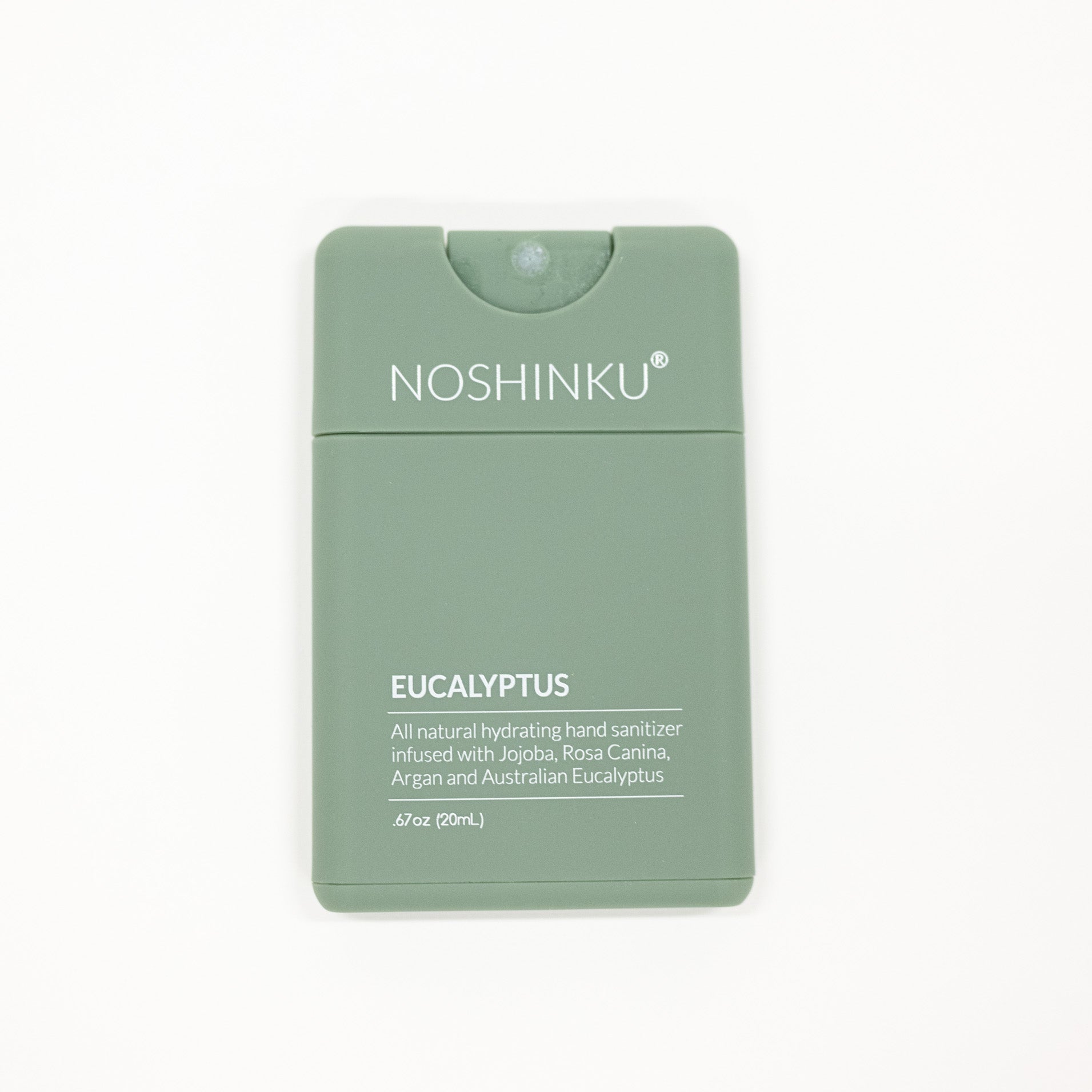 Noshinku Eucalyptus hand sanitizer dispenser in sage green, featuring white text and a small clear cap, shown on a plain white background.
