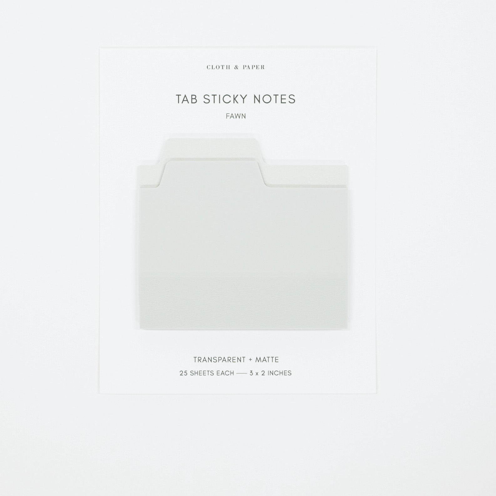 A package of cloth & paper Tab Sticky Notes in the shade Fawn, showing a single folded note with a tab on a white backing card against a light gray background.