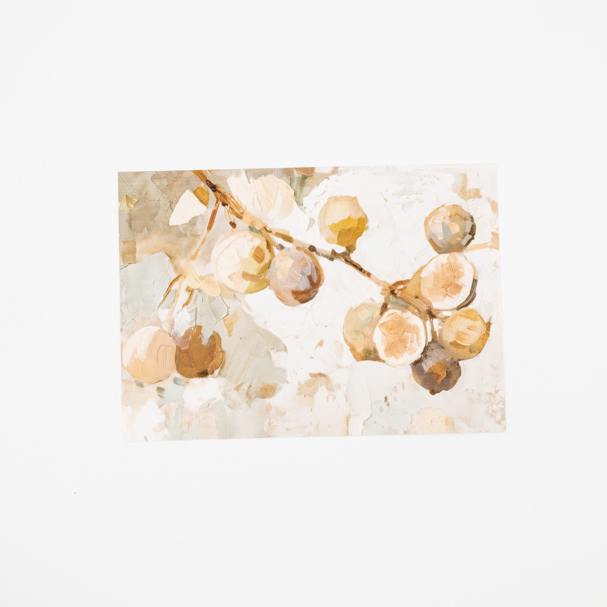 A square watercolor painting of figs on a branch, featuring soft beige, brown, and muted green tones on a white background.