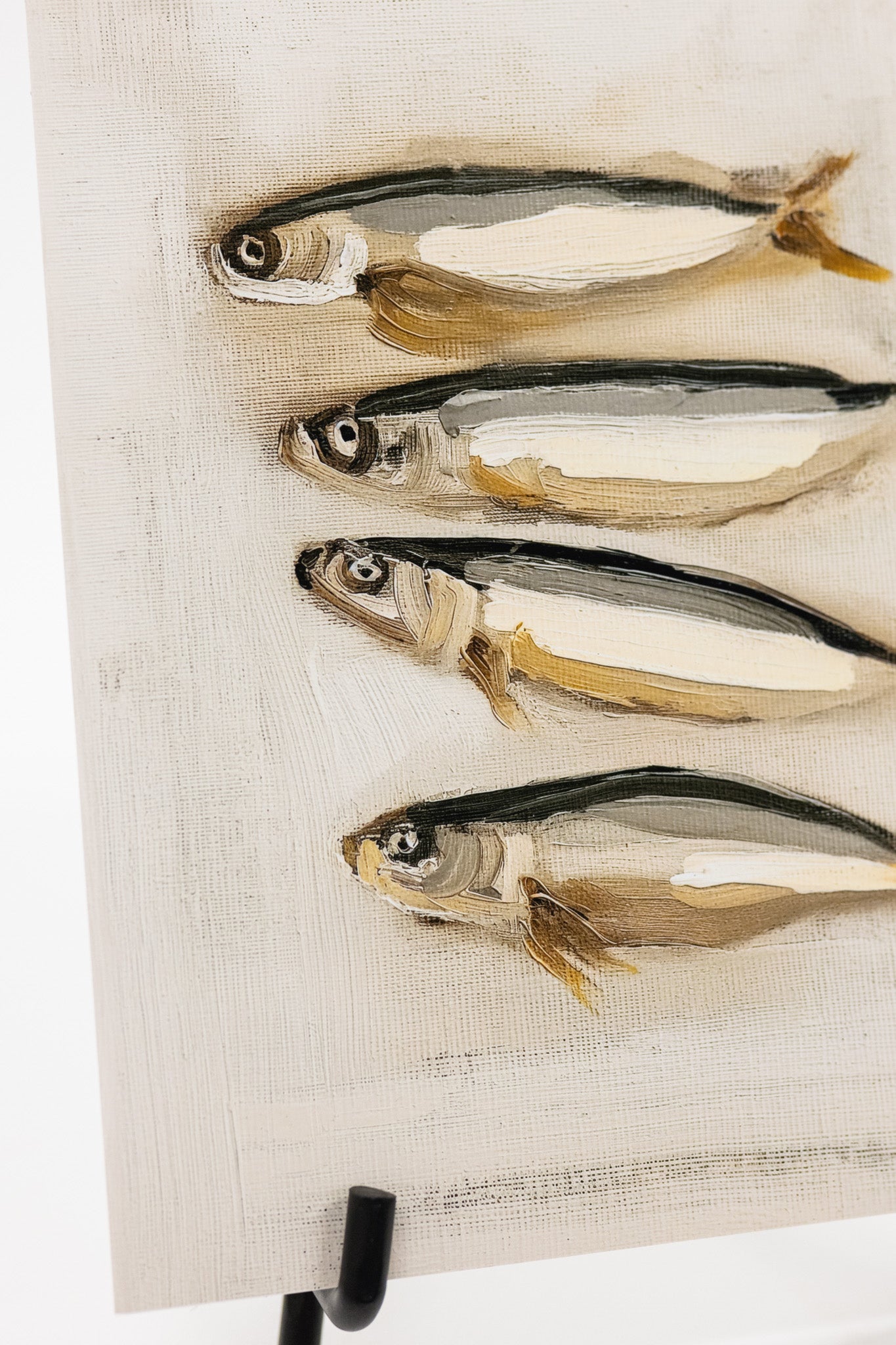 Four preserved fish on a white background with a black stand