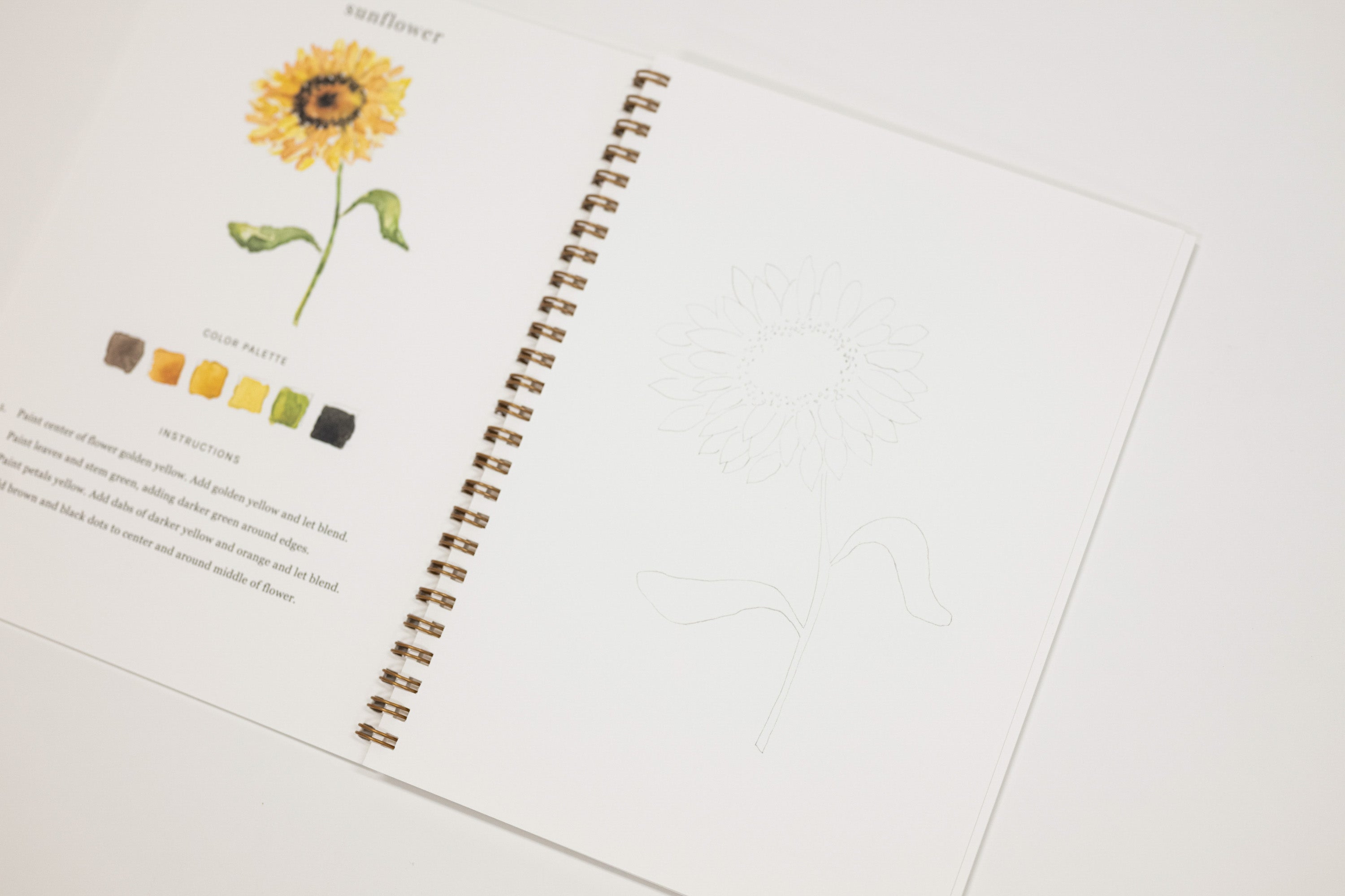 An open spiral-bound sketchbook or art journal on a white background, showing a printed sunflower illustration with color chips and faint line art on the right page.