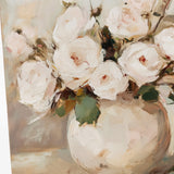 Artistic depiction of white flowers in a vase with a soft, painterly background