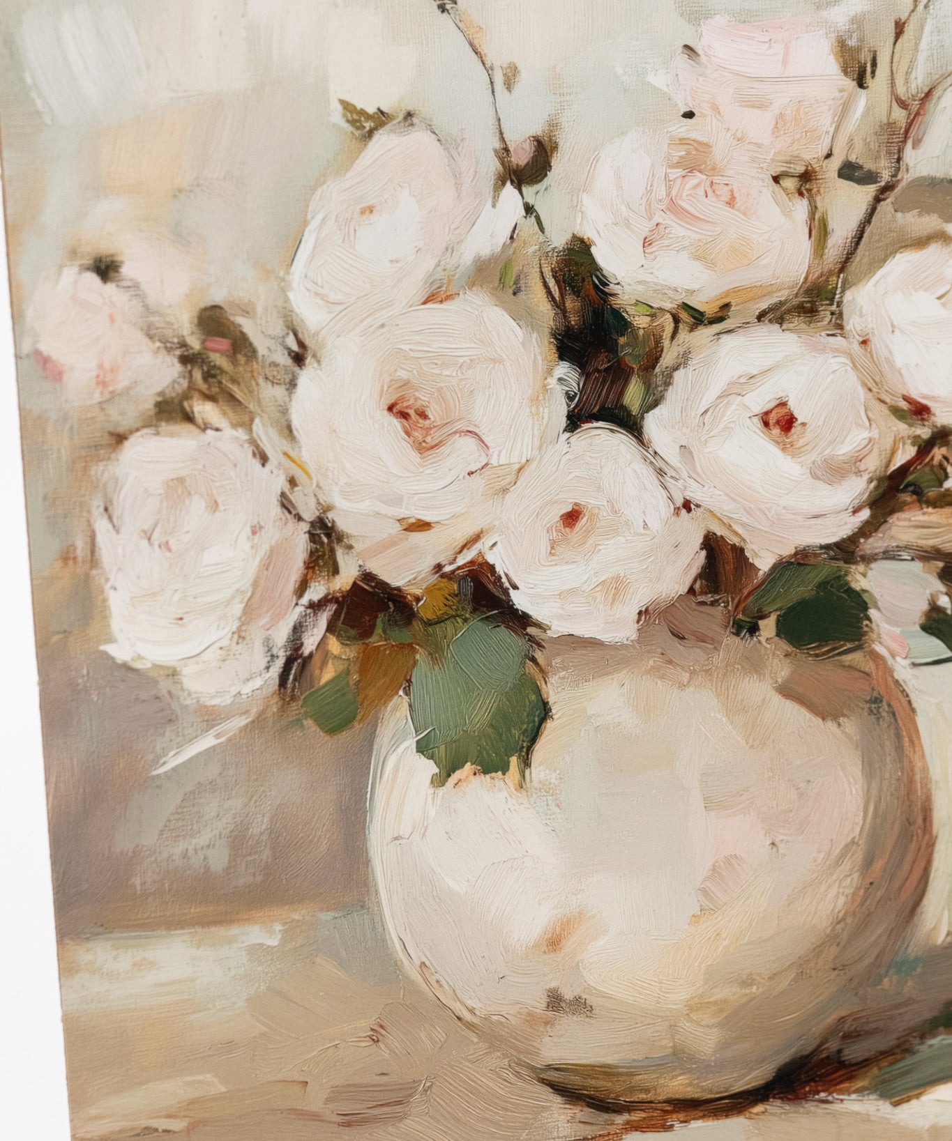 Artistic depiction of white flowers in a vase with a soft, painterly background