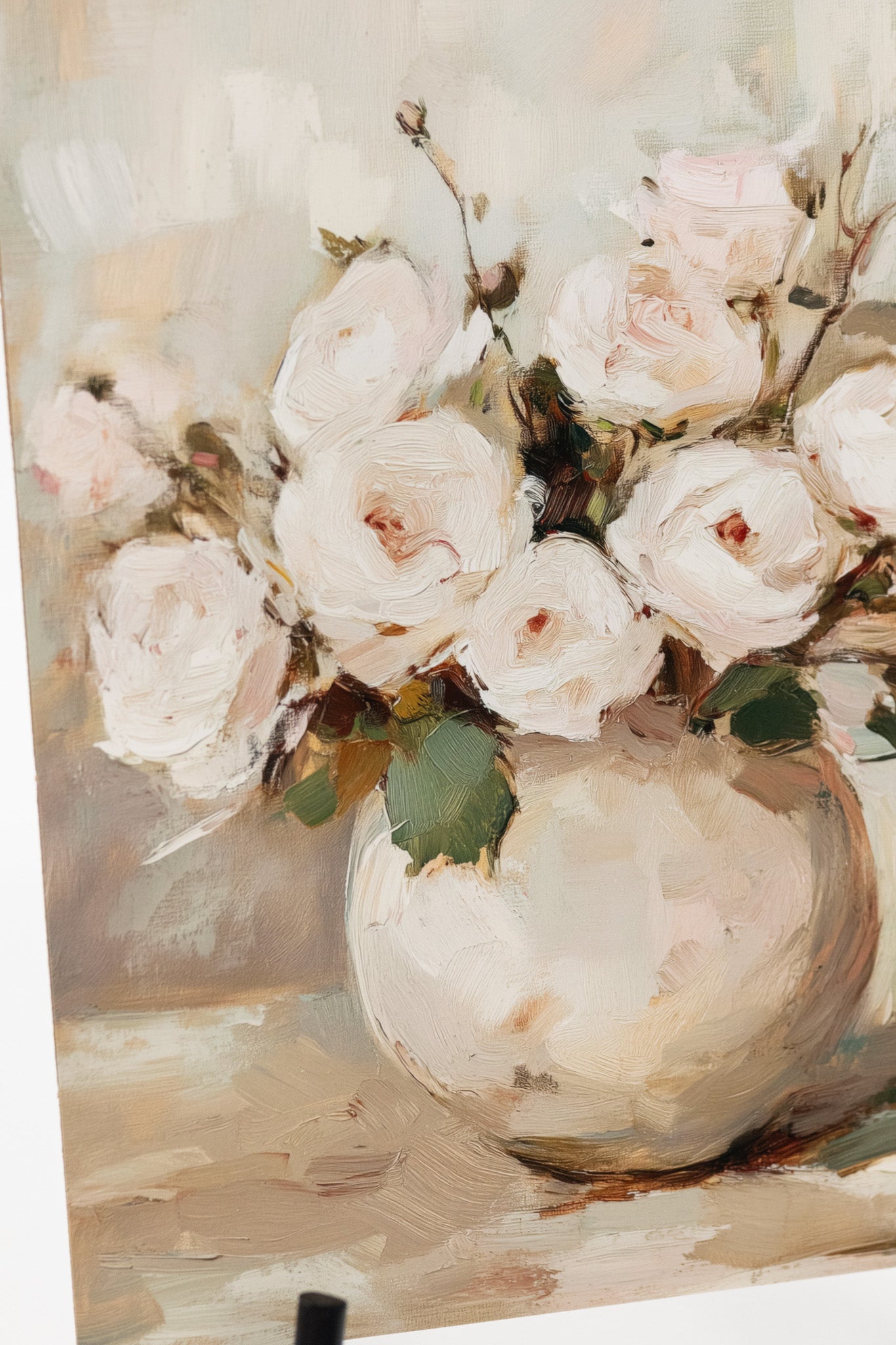 Artistic depiction of white flowers in a vase with a soft, painterly background