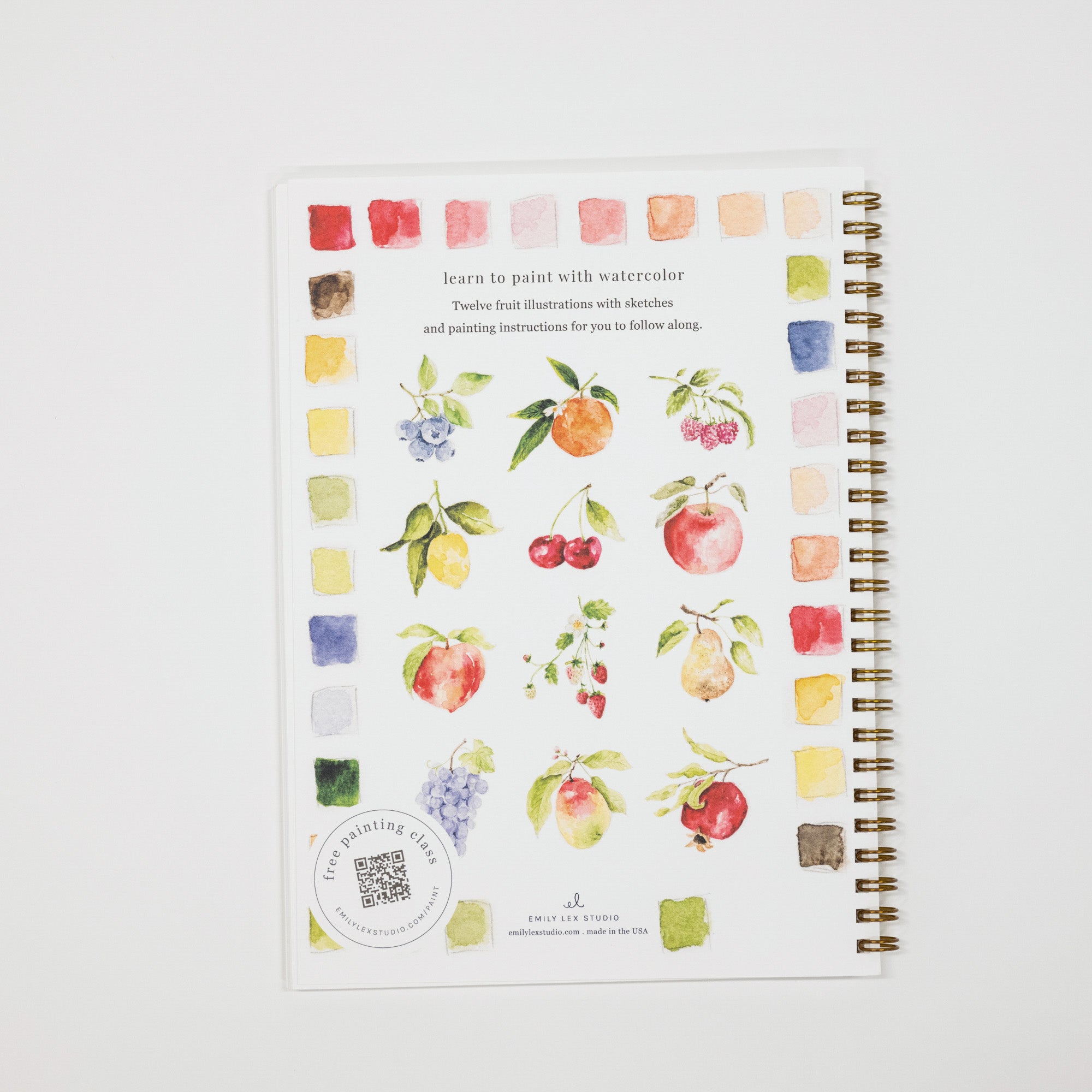 A spiral-bound watercolor painting notebook on a white background, featuring various watercolor fruit illustrations and color swatches on the cover.