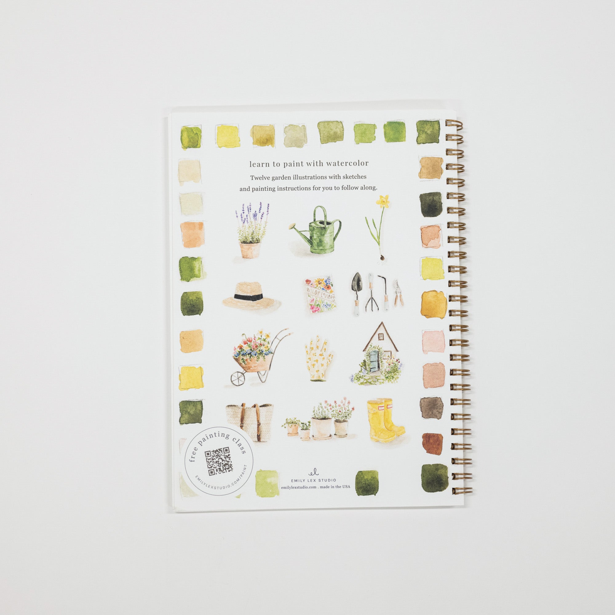 A spiral-bound watercolor painting guide book titled 'learns to paint with watercolor' by Erica Stevenson, featuring various watercolor garden illustrations and color swatches on a white cover, set against a light gray background.