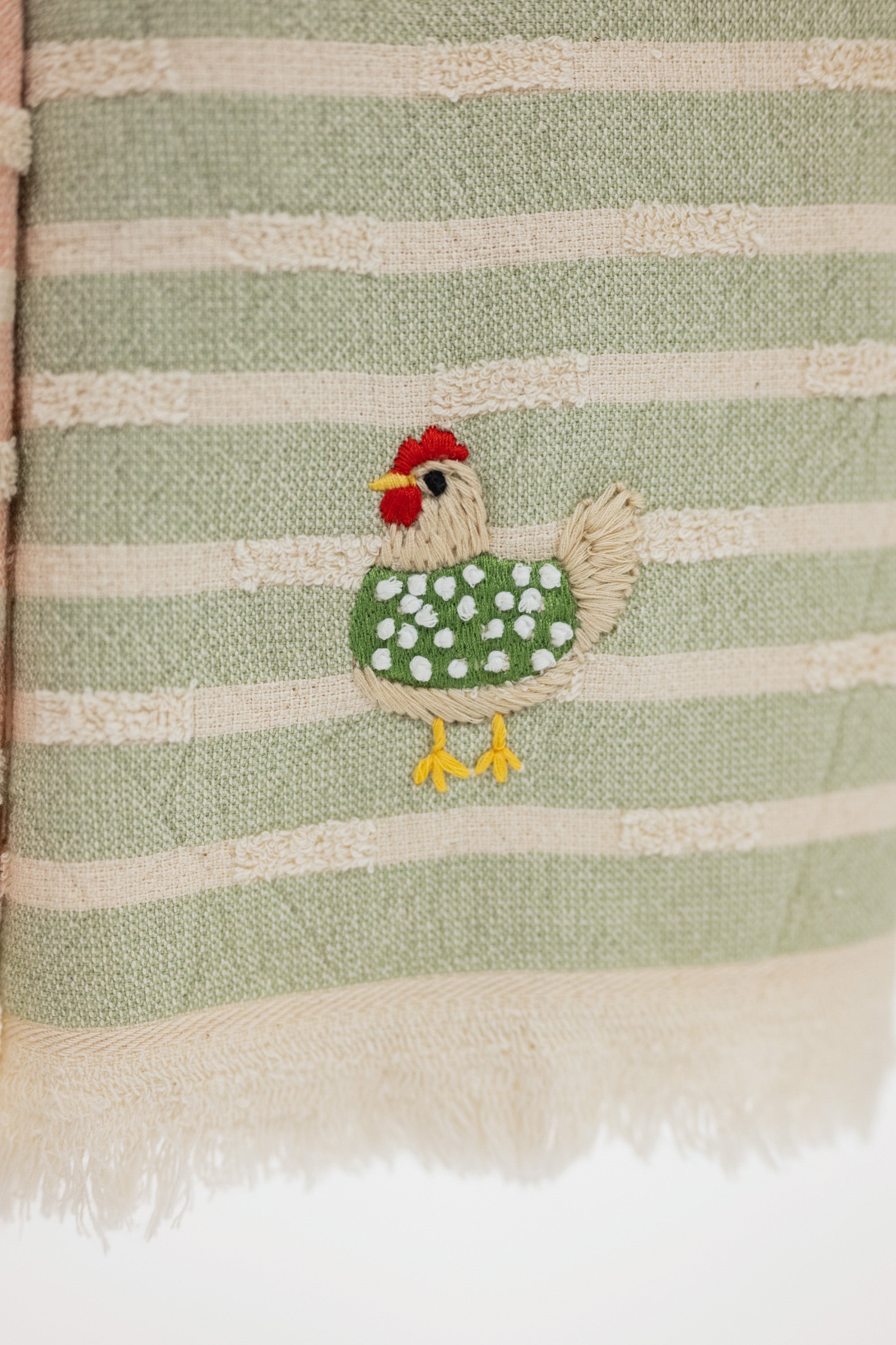 close up detail shot of an embroidered chicken with a green polka dotted sweater 