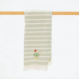 turkish cotton kitchen towel with light green and neutral stripes and a sweet embroidered chicken with a green sweater.
