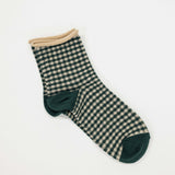 green oatmeal classic mini check cottage socks in a vintage design, perfect for casual and business casual wear. Comfortable cotton blend, machine washable.