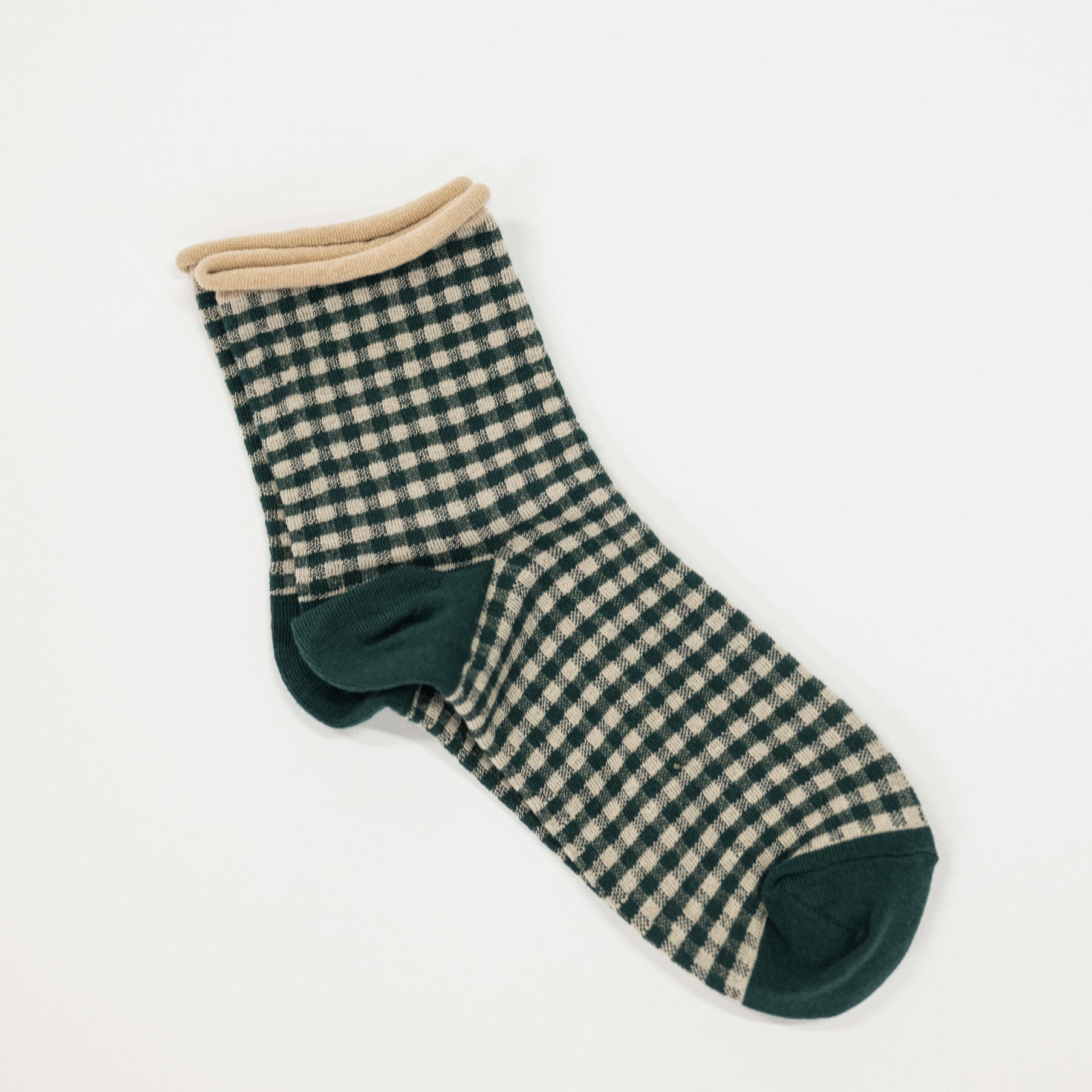 green oatmeal classic mini check cottage socks in a vintage design, perfect for casual and business casual wear. Comfortable cotton blend, machine washable.