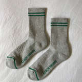 grey crew socks with green stripes and the brand name le bon shoppe. boyfriend style socks.
