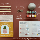 DIY air-dry clay kit with tools, paint pots, and instructions on a brown background