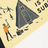 Illustration of a person with tools near a house on a yellow background