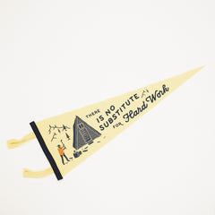 Yellow pennant with text and graphics on a white background