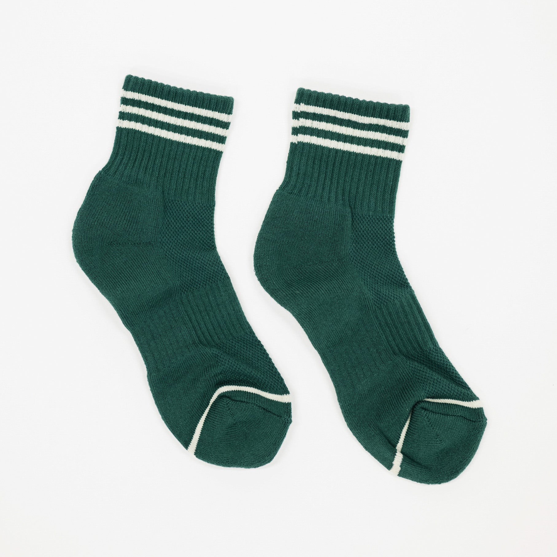 A pair of dark green crew socks with white stripes on the ribbed cuffs and white trim on the toes, displayed against a plain white background.