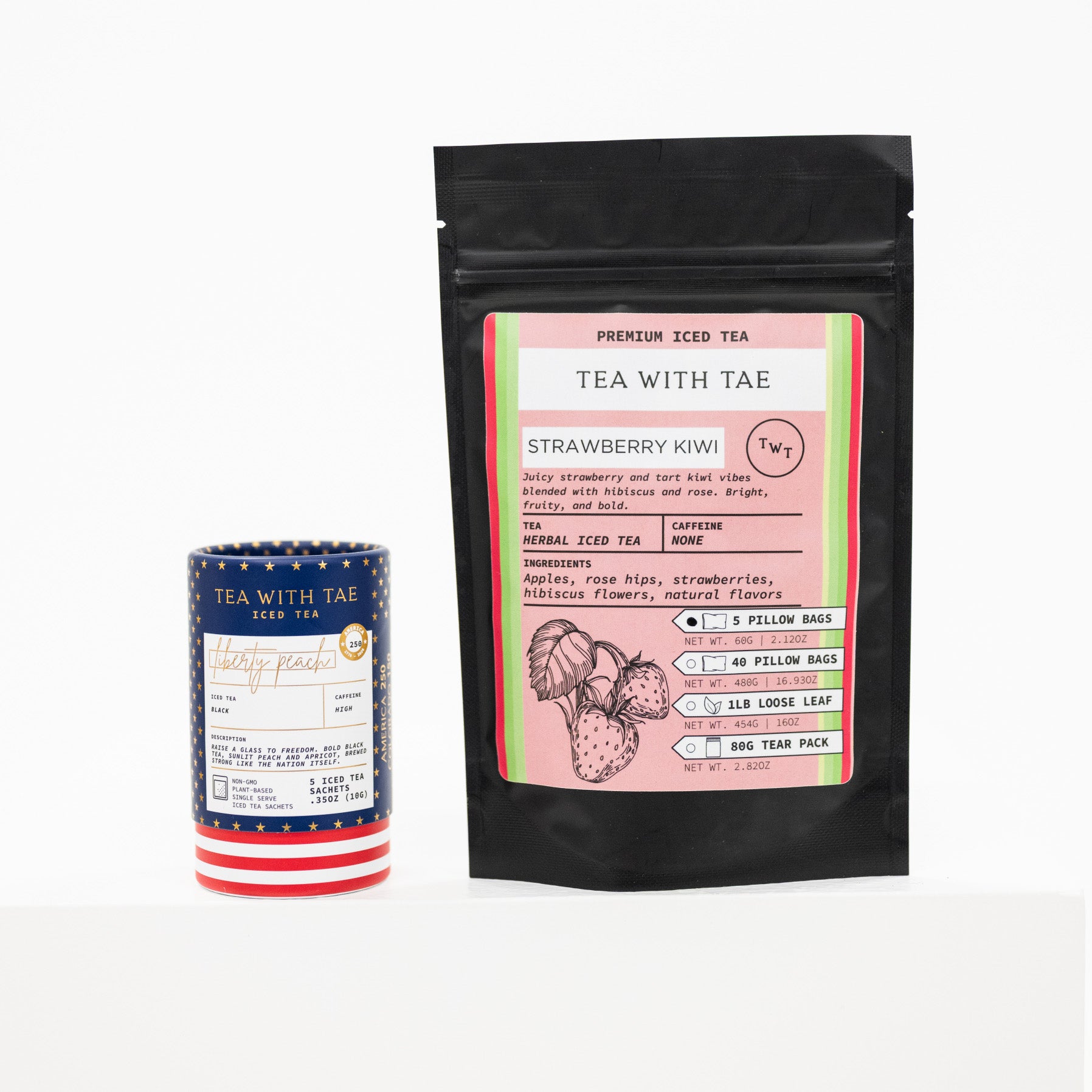 A black stand-up pouch of Tea With Tae Strawberry Kiwi iced tea next to a blue, white, and red striped cylindrical tin of the same brand, on a clean white background.