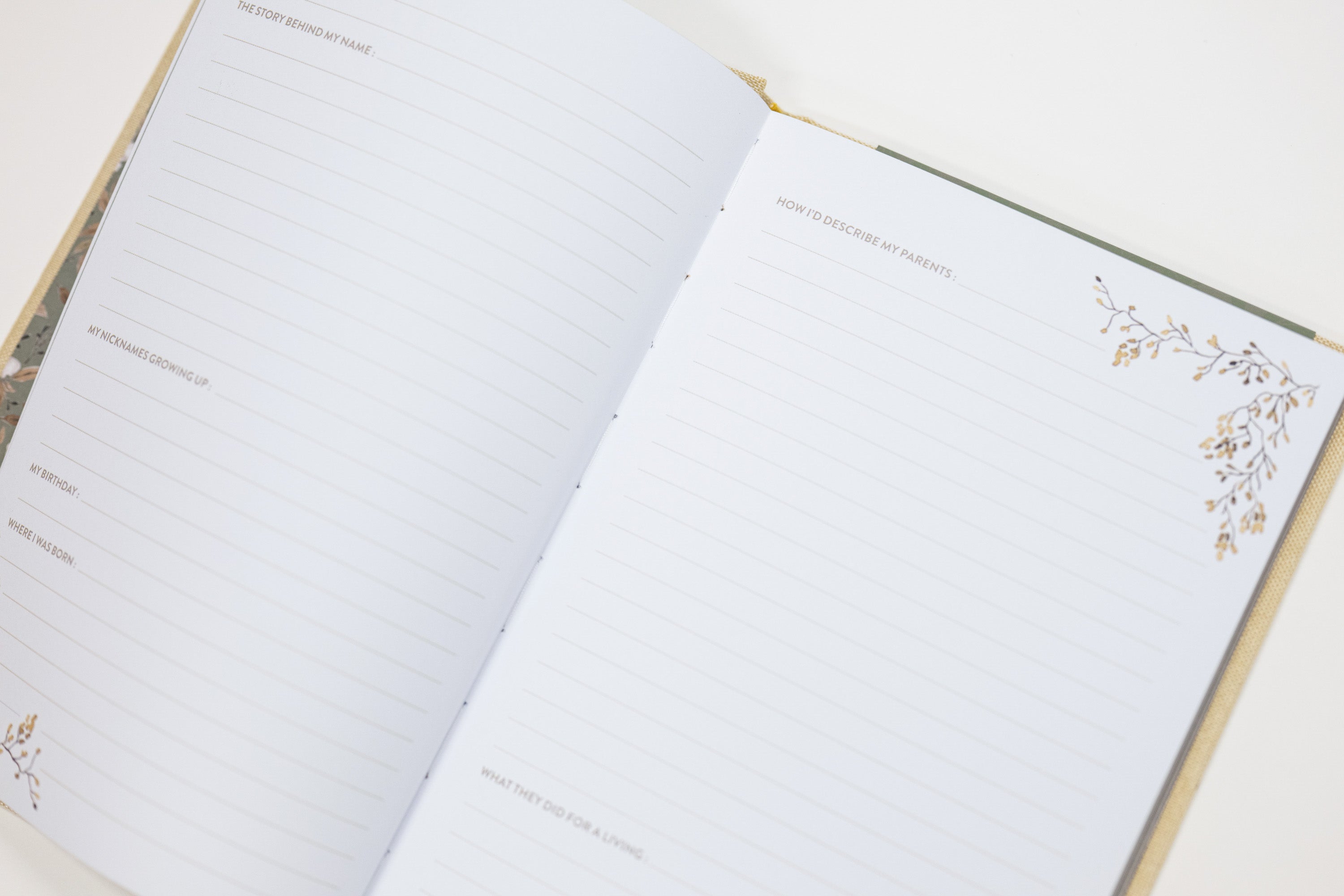 Open notebook with floral designs on a white surface