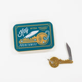 Pocket knife with key attachment and branded tin on a white background