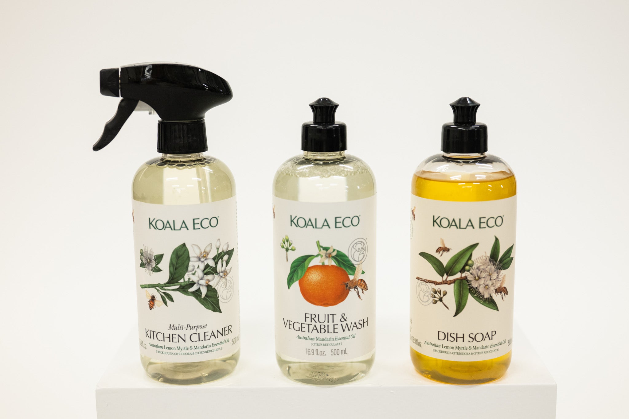 Three bottles of Koala Eco kitchen cleaning products on a white background