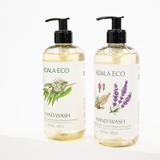 Two 500 mL bottles of KOALA ECO hand wash with pump dispensers, standing side by side on a white surface against a white background. The left bottle is labeled Eucalyptus & Rosemary Essential Oil, and the right bottle is labeled Lavender and Peppermint Essential Oil.