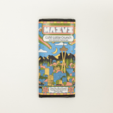 Chocolate bar packaging with colorful design featuring a cityscape and space needle.