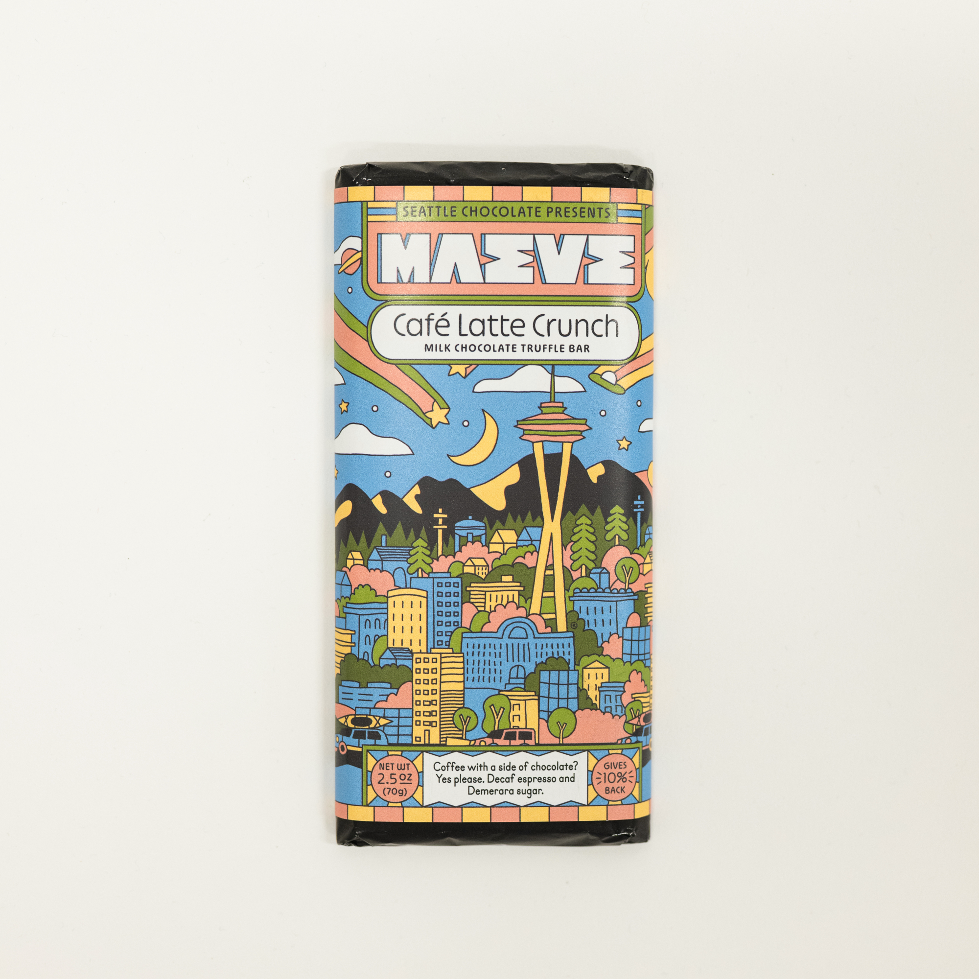 Chocolate bar packaging with colorful design featuring a cityscape and space needle.