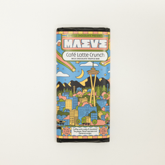 Chocolate bar packaging with colorful design featuring a cityscape and space needle.