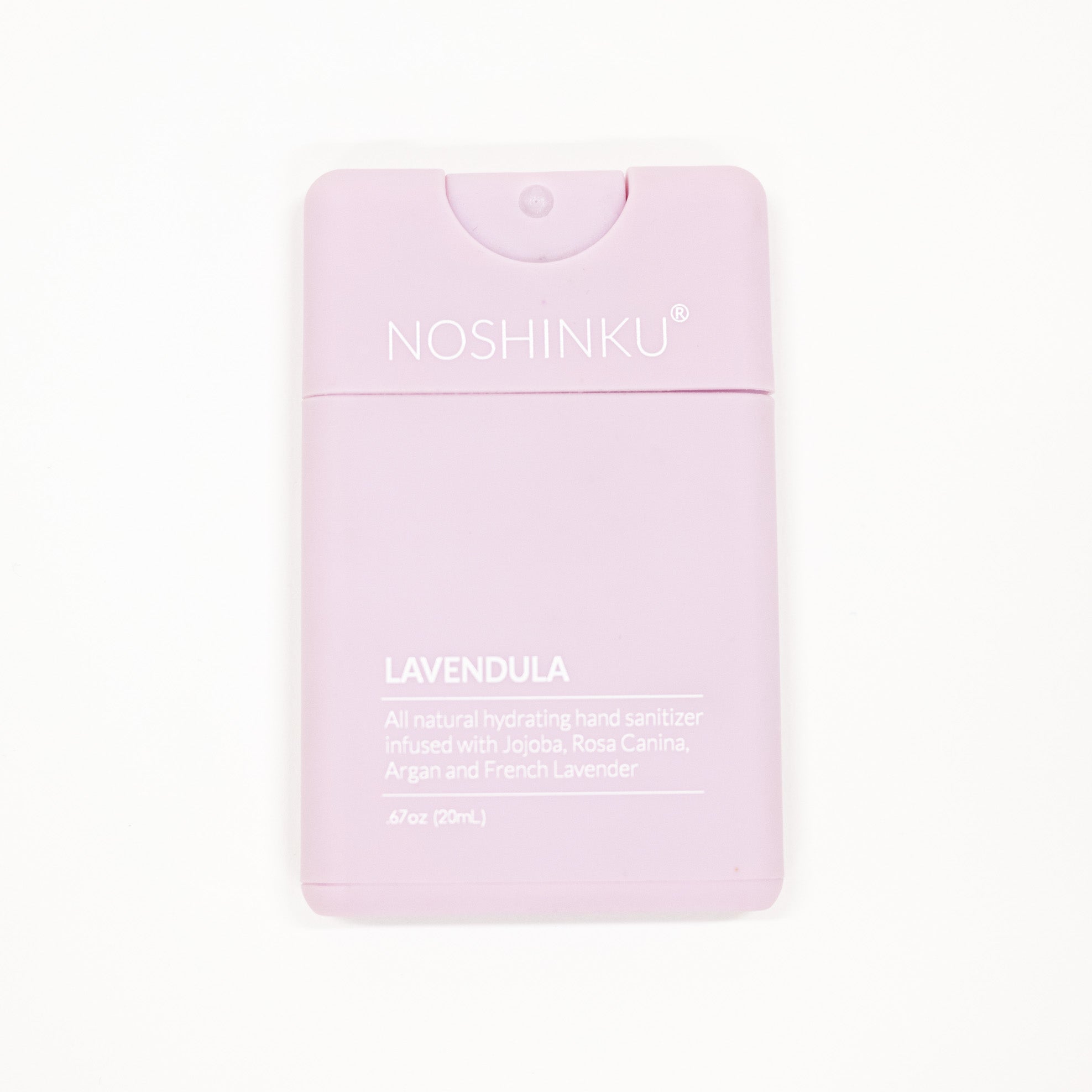 A light purple rectangular hand sanitizer bottle labeled 'NOSHINKU' and 'LAVENDULA' on a clean white background.