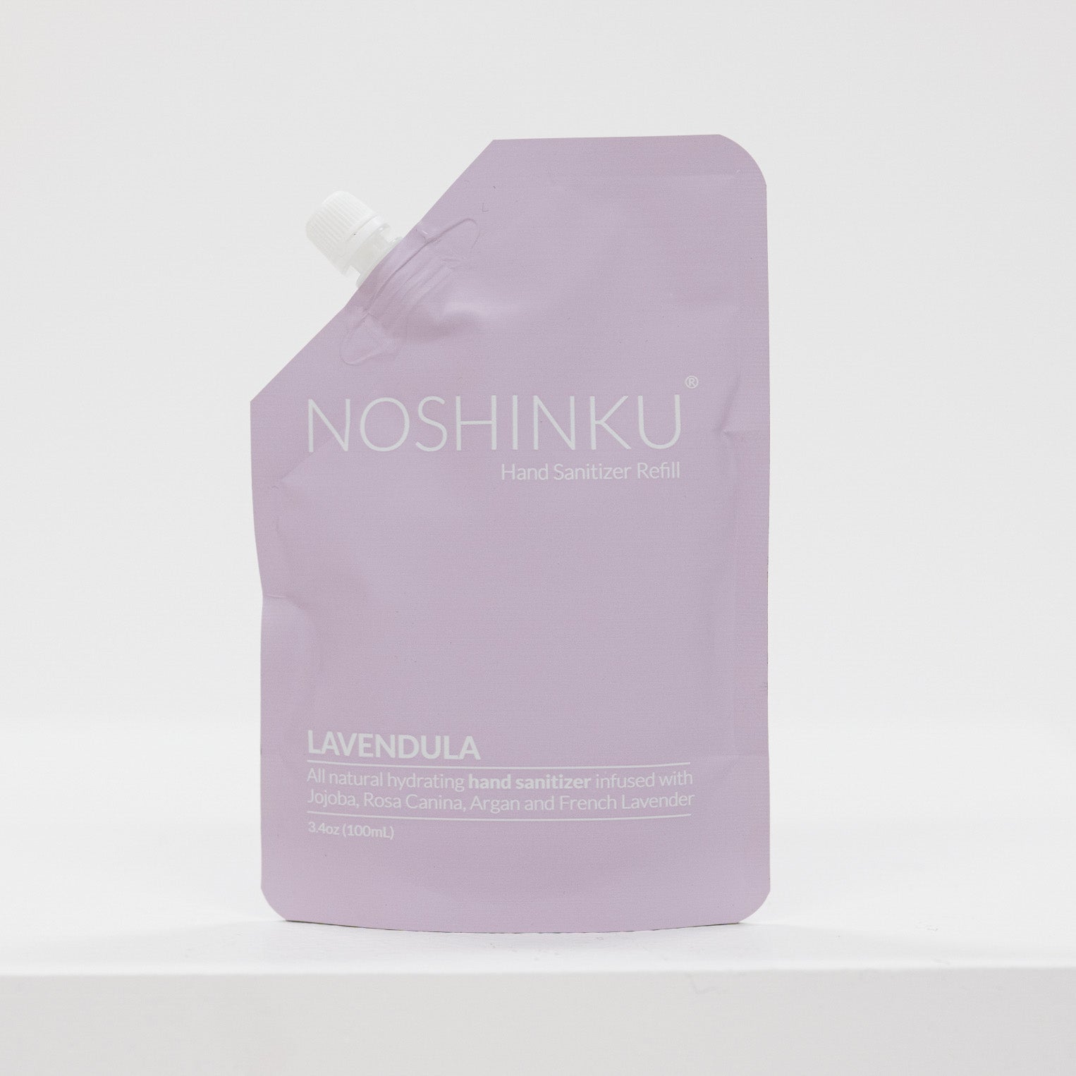 Purple hand sanitizer pouch with 'Noshinku' branding on a white background